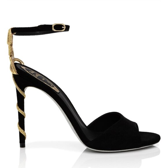 NWT René Caovilla Morgana Sandals Black Suede Leather Snake Rhinestones Sz 41 - Picture 2 of 12